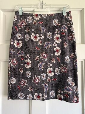 Margaret M Floral Pencil Skirt in Black with White, Red and Blue Accents